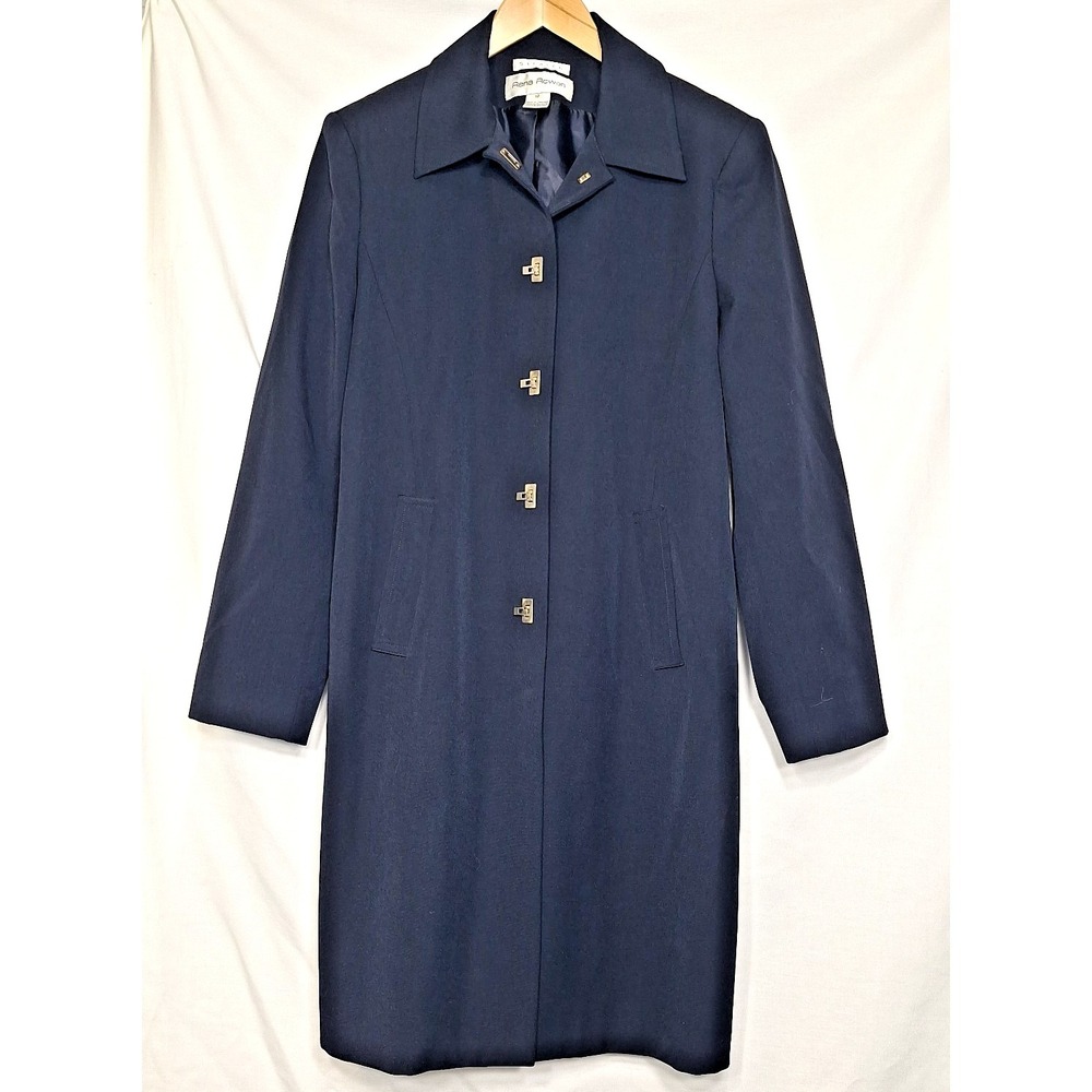 Rena‎ Rowan Size 12 Navy Blue Trench Coat Metal Latch Buttons Lined Classic Long